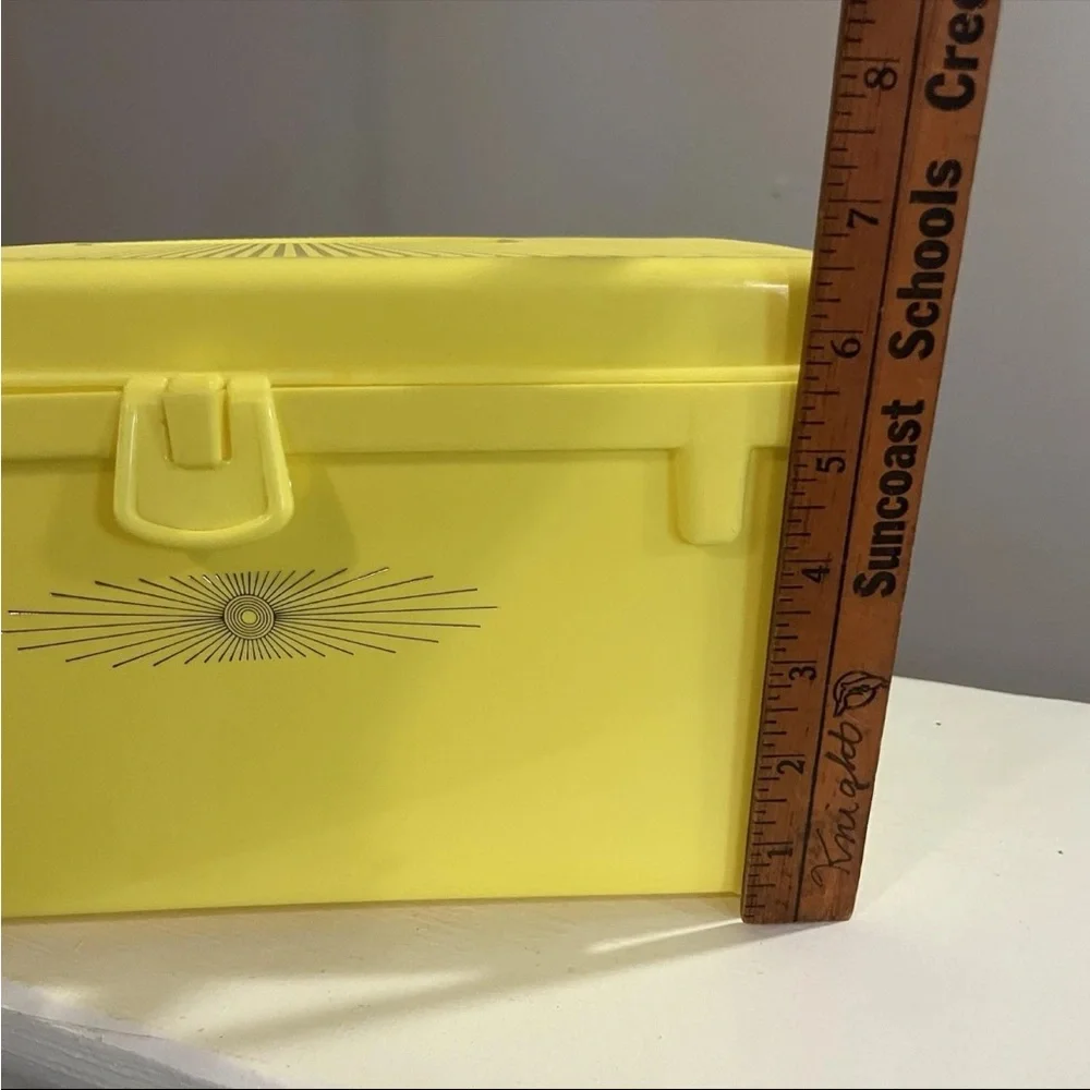 Vintage 1960s Atomic Starburst Yellow Sewing Box MCM Craft Storage Retro Decor